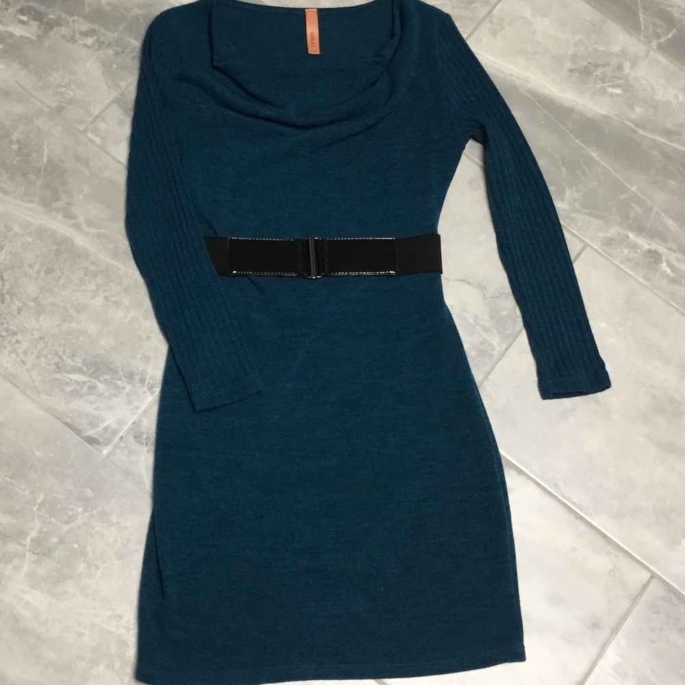 Gilli Teal Long Sleeve Sweater Dress with Black Belt.